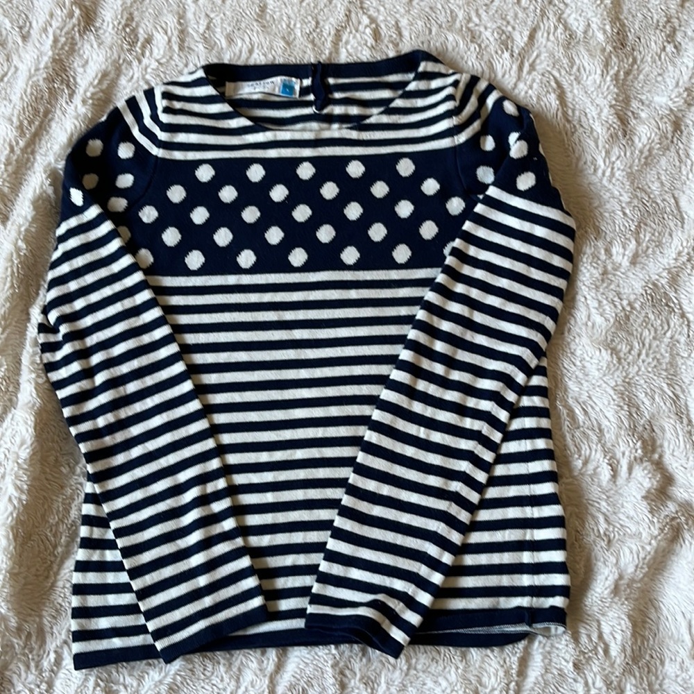 Anthropologie Sparrow Navy & Cream Striped/ Spotted Back Buttons Sweater Size S